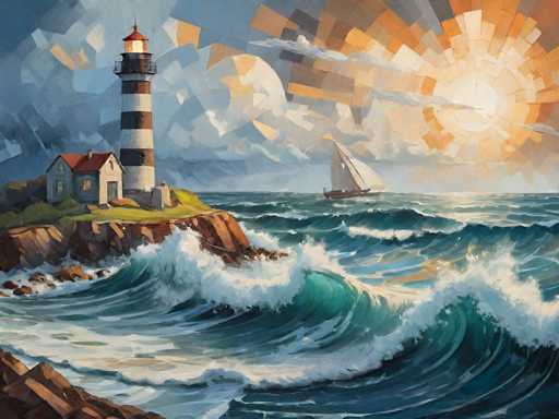 This detailed painting captures a dramatic seascape with a lighthouse as its focal point. The lighthouse, standing tall and white with distinctive brown and black stripes, is perched on a rocky cliff adorned with two smaller buildings, one blue and one white, both featuring red roofs. The sky above is a striking blend of blue and gray, with a radiant sun positioned in the upper right corner, casting its light outward in a pattern of orange and white rays. Below, the ocean is depicted with intense, crashing waves in shades of blue and white, creating a sense of motion and turmoil. A sailboat with a single white sail is visible in the distance, adding to the maritime atmosphere. The entire scene is rendered in a style reminiscent of watercolor, with a palette dominated by blues, grays, and touches of orange and white, evoking a sense of both tranquility and drama.
