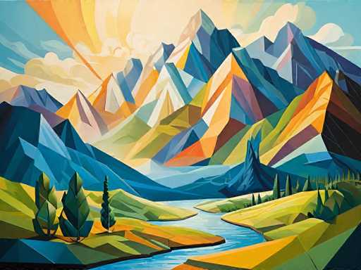 The image depicts a serene landscape featuring mountains and trees with a river flowing through the center of the scene. The mountains have varying shades of blue and green, while the trees exhibit different colors such as yellow, orange, and brown. The sky above is filled with clouds, adding to the overall tranquility of the scene.