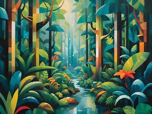 A vibrant, stylized painting of a lush tropical rainforest scene. The image is dominated by large, intricately detailed leaves in various shades of green and blue, creating a sense of depth and density. Tall, slender tree trunks with textured bark stand in the background, partially obscured by the foliage. A small stream winds through the scene, reflecting the surrounding greenery and a soft, diffused light filtering down from above. The overall color palette is rich and saturated, with pops of orange and red flowers adding accents to the scene. The style is reminiscent of a modern, illustrative painting with bold lines and a focus on organic forms.
