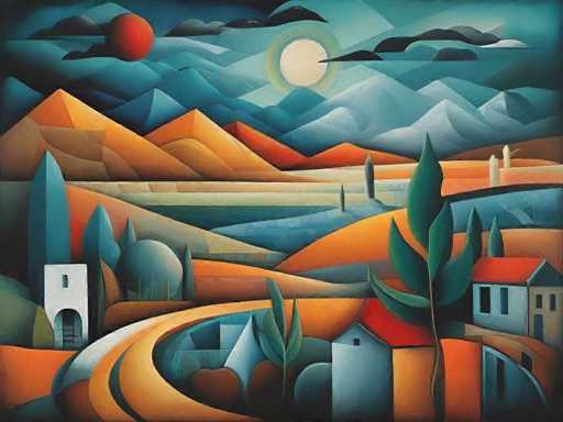 The image is an oil painting that depicts a rural landscape with mountains and trees. The artist has used a geometric style for the painting, which gives it a modern and abstract feel. The colors used in the painting are predominantly blue, green, and orange, creating a warm and inviting atmosphere.