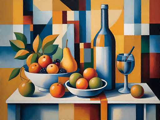 This image is a detailed painting of a still life scene featuring a variety of fruits and objects arranged on a white table. The background is composed of a mosaic of geometric shapes in shades of blue, orange, yellow, and white, creating a vibrant and dynamic backdrop. On the left side of the table, there is a white bowl filled with an assortment of fruits, including apples, oranges, blackberries, and blueberries. A pear and a couple of apples are also placed directly on the table beside the bowl. To the right of the bowl, there is a blue wine glass containing a clear liquid, possibly water, with a straw or stirring stick. Next to the glass stands a tall blue wine bottle. Additionally, there is a single orange placed on the table to the right of the glass. The overall composition is rich in color and detail, capturing the essence of a classic still life with a modern twist.