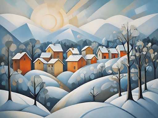 This image is a detailed, artistic painting of a serene winter village nestled in a snowy valley. The scene is dominated by a series of small, colorful houses with snow-covered roofs, arranged in a semi-circular pattern. The houses are primarily orange, yellow, and brown, with some featuring chimneys. Surrounding the village are bare trees with snow-laden branches, adding to the wintry atmosphere. The foreground is filled with snow-covered hills, while the background showcases a majestic mountain range with peaks dusted in white. Above, the sky is a blend of blue and gray hues, with a radiant sun casting its glow over the entire landscape. The overall composition is rich in detail, capturing the tranquil beauty of a winter day in this picturesque village.