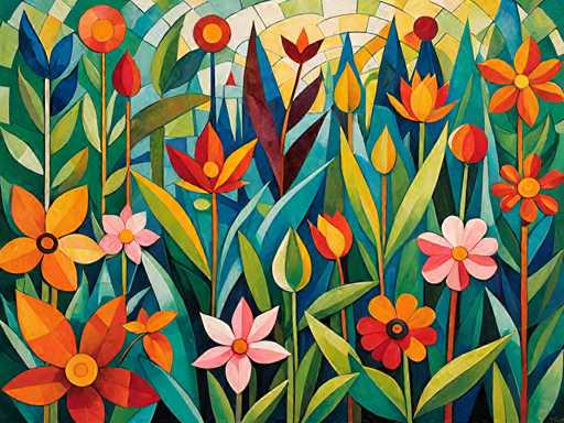 This vibrant painting, reminiscent of Van Gogh's style, features a lush array of flowers and foliage. Dominated by a rich palette of greens, blues, pinks, and oranges, the artwork showcases a variety of flowers, including tulips, daisies, and lilies, with some resembling tulips and others with six petals. The flowers are depicted in various stages of bloom, from fully open to tightly closed buds. The background is a mosaic of blue and green tiles, adding texture and depth to the composition. The scene is further enriched by the presence of leaves in shades of green, blue, and yellow, creating a dynamic and colorful display. The overall effect is a lively and detailed portrayal of a garden in full bloom.