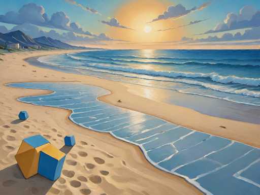This detailed painting depicts a serene beach scene at sunset. The sky is a vibrant blue, adorned with fluffy white clouds and a radiant yellow sun positioned just above the horizon. The sun's warm glow reflects off the ocean, creating a shimmering pathway of light across the water. The ocean itself is a deep blue, with gentle waves rolling towards the shore. 

The beach is a stretch of light brown sand, marked by footprints and small divots. Scattered across the sand are three colorful geometric blocks: one large block with a blue top and yellow sides, and two smaller blocks, one blue and one yellow. In the background, a mountain range with a mix of gray and blue hues rises up, adding depth to the scene. Nestled among the mountains is a small white building, possibly a house or a hotel, surrounded by trees. The overall composition captures the tranquil beauty of a beach at sunset, with intricate details that bring the scene to life.