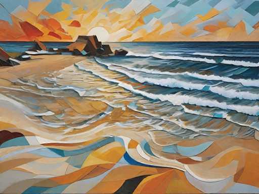 This image is a vibrant, abstract painting of a beach scene, characterized by its geometric shapes and rich colors. The foreground features a sandy beach depicted in various shades of brown, tan, and orange, with the sand appearing to flow towards the viewer. The ocean is represented by a series of blue and white waves, with the blue hues ranging from light to dark, and the white caps indicating the movement of the water. The sky is a striking blend of colors, with a prominent white sun partially obscured by clouds, casting an orange glow that transitions into shades of blue and gray. The overall composition is dynamic, with the waves and colors blending seamlessly to create a sense of motion and depth. The painting's abstract nature, with its lack of distinct objects and focus on color and form, gives it a modern, almost cubist feel, making it a captivating piece of art.