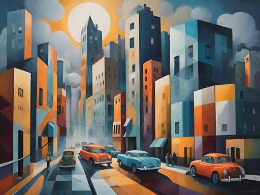 The painting depicts a vibrant, stylized cityscape bathed in a warm, retro glow. The main subjects are several vintage cars driving on a street with tall, geometric buildings lining the sides. The spatial relationship shows a sense of depth with cars in the foreground and background, creating a dynamic perspective. The art style is distinctly illustrative, employing bold blocks of color and simplified forms with a slightly dreamlike quality.