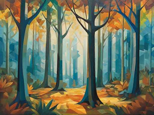 The image depicts an abstract forest scene with a variety of trees and foliage in shades of blue, green, orange, and brown. The trees have thin trunks and branches that extend outwards, creating a sense of depth and dimensionality. The painting is done in a geometric style, characterized by its use of shapes and lines to create the illusion of space and form.
