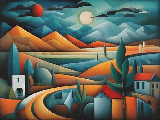 This image is a vibrant, abstract painting depicting a serene countryside scene. The foreground features a white house with a red roof, accompanied by a tall tree with green leaves. A winding road curves around the house, leading to a small white building with an archway on the left side. The midground is filled with rolling hills and a variety of trees, including tall, slender ones and bushier ones with green foliage. The background showcases a series of mountains in shades of blue, orange, and gray, creating a layered effect. The sky is a deep blue, adorned with black clouds and a prominent red moon in the top left corner. A large white circle, possibly representing the sun or moon, is positioned slightly to the right of the center. The painting's abstract style uses bold, contrasting colors to create a dynamic and visually engaging landscape.