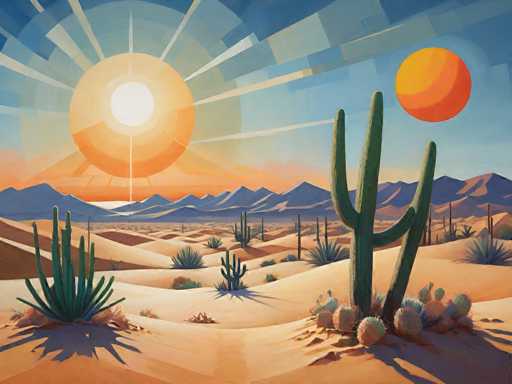 This image is a detailed, computer-generated illustration of a desert landscape. The foreground features a sandy terrain dotted with various types of cacti, including tall, slender cacti and round, ball-like cacti. The sand is a light brown color, and the cacti are green, with some displaying red spikes. In the background, a range of blue mountains stretches across the horizon, with a particularly prominent mountain on the right side. The sky above is a gradient of blue, transitioning to orange near the horizon. On the left side of the sky, a large, radiant sun is depicted with a white center and an orange outline, emitting rays in all directions. To the right of the sun, there is a smaller, orange celestial body, possibly a moon or another planet, adding to the surreal quality of the scene. The overall composition is vibrant and detailed, capturing the essence of a desert environment under a striking sky.