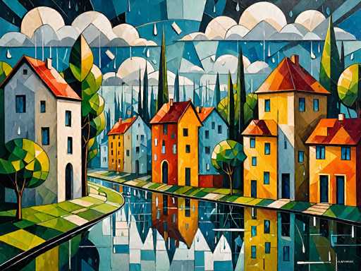 The image depicts a quaint, stylized village scene under a rainy sky. Colorful, block-like houses line a canal with reflections, their geometric forms creating a whimsical, slightly abstract aesthetic. The composition emphasizes the houses' symmetrical arrangement and the rain's downward motion, with a vibrant color palette dominating.
