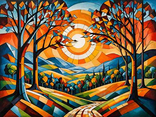 The image depicts an abstract landscape painting featuring a sunburst pattern with trees and hills in the background. The colors used are predominantly orange, yellow, green, blue, and purple, creating a vibrant and lively atmosphere. The painting is done in a geometric style, which adds to its unique visual appeal.