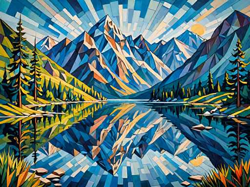 The image depicts a serene mountain landscape with a large lake at its center. The mountains, painted in shades of blue and green, rise majestically against the sky. The lake is a deep shade of blue, reflecting the surrounding scenery. Scattered throughout the scene are trees and rocks, adding texture to the composition. The painting style is loose and abstract, with geometric shapes and lines used to create the mountain peaks and the reflection in the water.