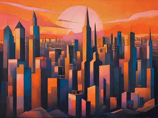 The image depicts an impressionist cityscape painting featuring a large sunburst shape dominating the center of the frame against a gradient background transitioning from orange at the horizon to pink and purple at the top right corner. The buildings are rendered in shades of blue and gray with varying heights, creating a sense of depth and perspective.