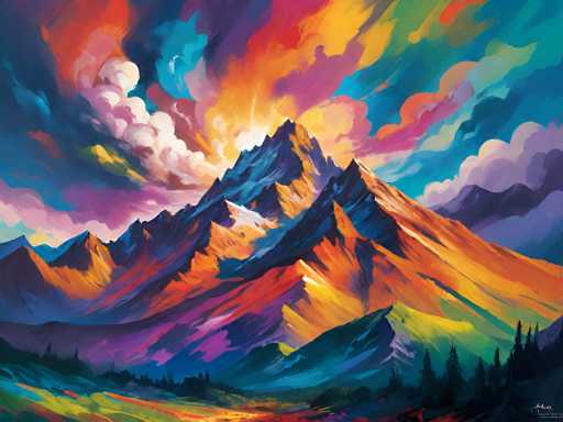 This vibrant and abstract painting depicts a dramatic mountain landscape, dominated by a central peak that rises majestically from the bottom of the image. The mountain is rendered in a striking palette of blues, oranges, and yellows, with hints of green and purple, creating a dynamic and almost surreal effect. The sky above is equally captivating, filled with swirling clouds in a spectrum of colors including reds, oranges, yellows, greens, blues, purples, and pinks. These clouds seem to be illuminated by a hidden sun, adding to the painting's ethereal quality. In the foreground, dark silhouettes of trees and grass provide a stark contrast to the vivid colors above, grounding the scene. The overall composition is reminiscent of an impressionistic style, with broad brushstrokes and a harmonious blend of colors that evoke a sense of awe and wonder at the beauty of nature.