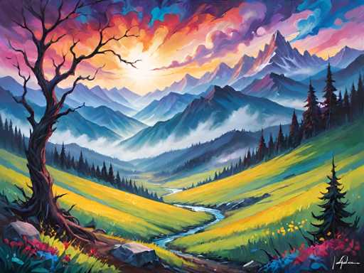 The image depicts a serene landscape with a river flowing through it and mountains rising up against the sky. The colors used are predominantly green and blue, creating a sense of tranquility and peace. The painting is done in an impressionistic style, characterized by loose brushstrokes that capture the essence of the scene rather than focusing on minute details.

The artist's signature can be found at the bottom right corner of the image.