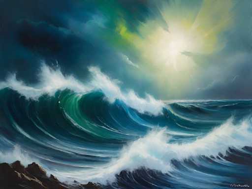 This painting vividly captures a tumultuous ocean scene under a dramatic sky. The foreground features dark, jagged rocks in the bottom left corner, partially submerged by crashing waves. The water is a mesmerizing blend of dark blue, green, and white, with large, curling waves that have frothy white crests. The sky above is a mix of dark blue and gray clouds, with a striking burst of light breaking through in the upper right corner. This light, possibly from the sun or moon, casts a radiant glow with hues of yellow, green, and white, illuminating the clouds and creating a stark contrast against the stormy backdrop. The overall composition conveys a sense of raw power and natural beauty, with the interplay of light and shadow enhancing the dynamic atmosphere of the scene.