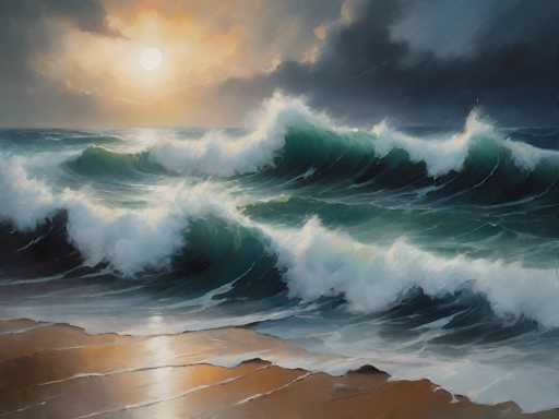 This detailed painting captures a dramatic ocean scene at sunset. The sky is filled with dark, ominous clouds, particularly concentrated in the top right corner, creating a moody atmosphere. The sun, positioned in the top left, casts a warm orange glow that contrasts with the surrounding clouds, illuminating the scene with a mix of light and shadow. Below, the ocean is depicted with large, crashing waves in shades of blue and green, their crests highlighted with white foam. The water appears turbulent, reflecting the intensity of the sky above. In the foreground, the sandy beach is rendered in a rich brown hue, with the sunlight creating a glossy sheen on the wet sand, adding to the overall dynamic and vivid nature of the painting.