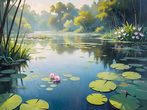 This image is a detailed painting of a serene pond, featuring a variety of elements that create a tranquil and picturesque scene. The pond is adorned with numerous lily pads, some of which are green while others are a yellowish-green hue. Among these lily pads, there are several pink flowers with yellow centers, adding a touch of color to the water. The pond's surface is remarkably still, reflecting the surrounding environment like a mirror. 

In the background, a dense forest of tall trees with green leaves can be seen, their reflections also visible on the pond's surface. The sky above is a light blue, suggesting a clear day. On the left side of the image, there are tall grasses and some plants with long stems, possibly cattails, adding to the natural diversity of the scene. The overall composition is rich in detail, capturing the peaceful essence of this outdoor setting.