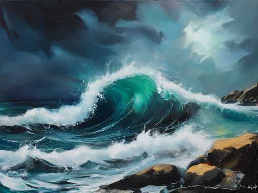 A dynamic, impressionistic painting of a powerful ocean wave crashing against dark rocks under a stormy sky. The focus is on the vibrant turquoise and teal colors of the wave, with white foam dramatically breaking. Dark blues and grays dominate the sky, suggesting a turbulent atmosphere. The brushstrokes are visible, conveying a sense of motion and energy.