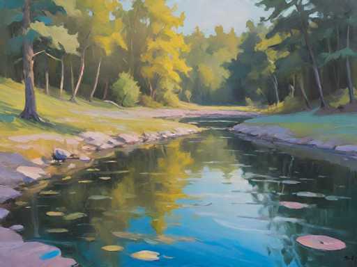 The image depicts a serene landscape painting featuring a river with lily pads floating on its surface and trees lining the banks of the river. The artist has used a realistic style to capture the details of the scene, including the colors and textures of the natural elements.