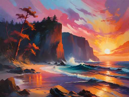 A breathtaking, painterly digital artwork depicting a dramatic coastal scene at sunset. The focus is on a rugged coastline with towering, dark cliffs that reflect the warm hues of the setting sun. The sky is a vibrant blend of oranges, pinks, and purples, with streaks of clouds catching the light. The ocean is a mix of deep blues and turquoise, with foamy waves crashing against the rocks at the base of the cliffs. 

The foreground features large, dark rocks partially submerged in the water, with some reflecting the warm colors of the sky. A few trees on the cliffs are silhouetted against the bright sunset, their branches catching the last rays of light. The overall mood is one of tranquility and awe-inspiring natural beauty, capturing the magic of a sunset over the sea. The style is reminiscent of a digital painting with visible brushstrokes, emphasizing texture and light.