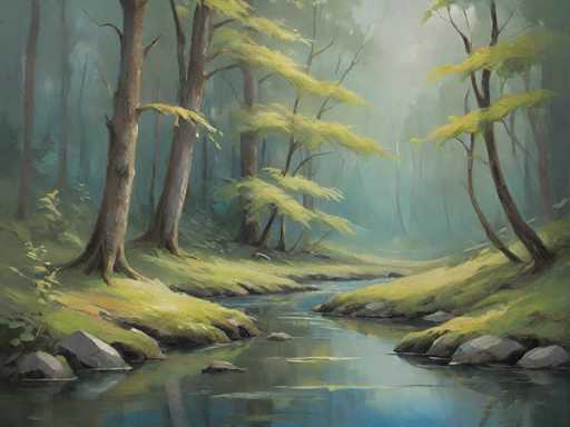 The image depicts a serene forest scene with tall trees and a small stream running through the center of the frame. The artist has used a realistic style for this painting, capturing the details of the natural environment. The colors are predominantly green and brown, creating a harmonious blend that brings out the tranquility of the forest setting.