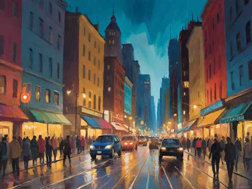 This painting depicts a bustling city street at night, viewed from the perspective of someone standing on the sidewalk. The scene is filled with tall buildings on both sides, their windows illuminated, casting a warm glow onto the street below. The sky is a deep blue, gradually lightening towards the horizon, suggesting the onset of night.

The street itself is alive with activity. Cars are parked along the sides, and others navigate the road, their headlights piercing the darkness. The sidewalks are crowded with people, some walking towards the viewer while others move away, creating a sense of constant motion and energy.

The buildings are adorned with awnings in various colors—red, green, blue, and pink—adding splashes of color to the scene. Streetlights line the street, their glow reflecting off the wet pavement, hinting at recent rain. This reflection also captures the silhouettes of the buildings and the lights, creating a shimmering effect that enhances the painting's atmospheric quality.

Overall, the painting captures the vibrant, dynamic essence of city life at night, with its mix of architectural details, street activity, and the interplay of light and reflection.