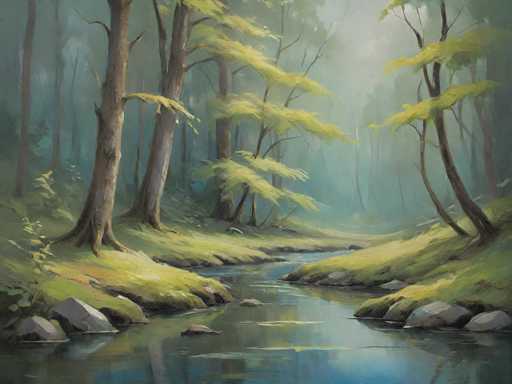 This painting depicts a serene, misty forest scene centered around a calm, narrow creek. The water, reflecting the surrounding greenery, appears almost black with hints of blue and white. On either side of the creek, lush green grass and large gray rocks are visible, with the grassy banks gently sloping upwards. The trees, with their brown trunks and branches, are adorned with vibrant green leaves, some of which hang low over the water. The forest is dense, with trees stretching into the background, creating a sense of depth. The entire scene is enveloped in a light fog, giving it a tranquil and ethereal atmosphere. The painting, likely created with oil or acrylic, captures the natural beauty and stillness of the forest, with no animals or people present.