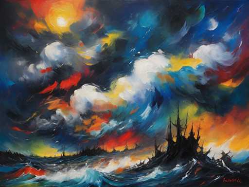 This painting vividly captures a tumultuous ocean scene under a dramatic sky. The sky is a swirling mix of dark blues, grays, and blacks, punctuated by vibrant streaks of red, orange, and yellow, suggesting a powerful sunset or storm. The ocean below is equally tumultuous, with large, crashing waves in shades of blue, gray, and white, creating a sense of motion and chaos. In the bottom right corner, a dark, almost black ship with tall masts stands out against the turbulent sea, appearing to be in distress. The overall composition is dynamic and intense, with the contrasting elements of the dark sky and the vibrant sea creating a striking visual impact.