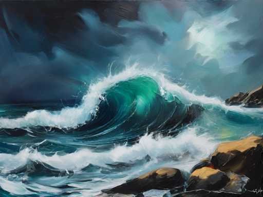 The image depicts an oil painting of a dramatic ocean scene with a large wave crashing onto the shore and breaking over rocks. The artist has used a dark blue color palette for the sky and water, creating a sense of depth and intensity in the scene. The painting is executed in a realistic style, capturing the power and beauty of nature.