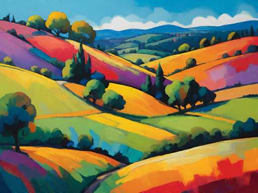 A vibrant, impressionistic painting of a rolling landscape with colorful fields. The fields are depicted in warm hues like orange, yellow, and red, transitioning into cooler shades of green and purple as they recede into the distance. The painting uses bold, expressive brushstrokes to create a sense of depth and movement. 

The landscape is dotted with stylized trees, some dark green and others a lighter shade, adding visual interest. The sky is a bright blue with soft white clouds, and the distant hills are hazy purple, suggesting a vast, open space. The overall impression is one of warmth, tranquility, and the beauty of nature.