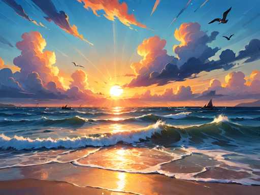 This image is a detailed painting of a serene beach at sunset. The foreground features wet, brown sand with gentle waves lapping at the shore, creating white foam. The ocean is a deep blue, with waves rolling towards the shore, and a couple of sailboats can be seen in the distance. The sky is a vibrant mix of colors, transitioning from a bright yellow near the horizon to a deep blue at the top. The sun, positioned just above the horizon, casts a warm glow, with its rays piercing through the clouds. The clouds themselves are a blend of orange, pink, and purple hues, adding to the dramatic atmosphere. Several seagulls are depicted flying across the sky, enhancing the coastal ambiance. The overall scene captures the tranquil beauty of a beach at sunset, with the interplay of light and color creating a captivating and peaceful mood.