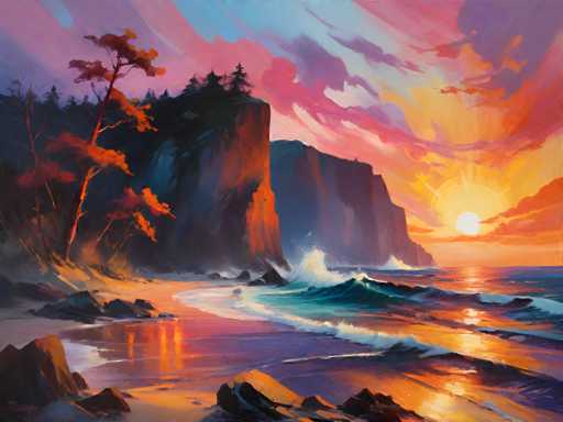 The image depicts a serene beach scene at sunset with a cliff on the left side and a body of water on the right side. The sky is painted in shades of pink and orange, creating a warm glow over the entire scene. The painting style is realistic, capturing the natural beauty of the landscape.