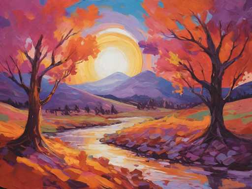 This vibrant painting captures a serene autumn landscape, dominated by a winding river that meanders from the bottom right corner, curving gracefully towards the left before disappearing into the horizon. The river's banks are adorned with a rich tapestry of autumnal hues—vivid oranges, deep reds, and earthy browns. Two majestic trees stand sentinel on either side of the river, their branches adorned with a mix of orange and red leaves, while their trunks are a deep brown.

In the background, a majestic mountain range stretches across the horizon, its peaks painted in soft shades of purple and blue. Above, the sky is a brilliant blue, punctuated by a radiant sun that casts a warm glow over the entire scene. The sun itself is a striking feature, with a bright white center surrounded by concentric rings of yellow, orange, and pink, creating a mesmerizing focal point.

The overall composition is a celebration of autumn's beauty, with the interplay of warm colors and natural elements creating a harmonious and tranquil atmosphere.