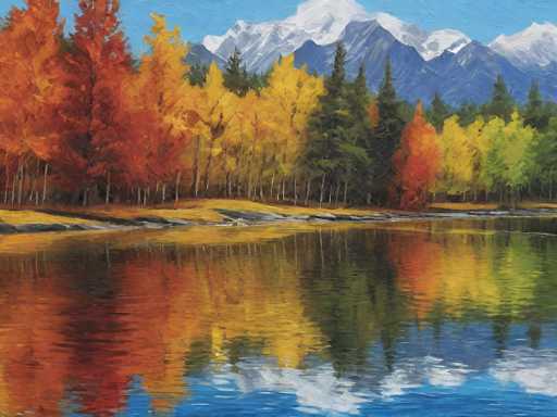 This painting depicts a serene autumn landscape with a vibrant array of trees lining the shore of a tranquil lake. The trees, showcasing a spectrum of fall colors, include tall pines with green needles, and others adorned in shades of yellow, orange, and red. The lake's surface is remarkably still, creating a mirror-like reflection of the colorful foliage and the majestic mountains in the background. The mountains, painted in hues of blue and gray, are capped with pristine white snow, adding a striking contrast to the scene. Above, a clear blue sky stretches across the canvas, completing this picturesque and peaceful autumn vista.