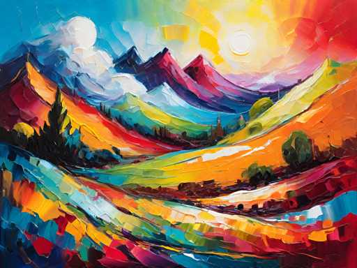 The image depicts a vibrant landscape painting with a large central mountain range painted in shades of blue and green, surrounded by smaller mountains in red and orange hues. The sky above is a bright yellow color, suggesting the sun's position in the sky. The painting style is loose and impressionistic, characterized by visible brushstrokes that give it a sense of movement and energy.