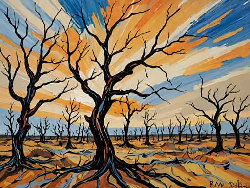 The image depicts a desert landscape with several trees and bushes scattered throughout the scene. The trees have long, thin trunks that reach upwards towards the sky, creating an impression of height and grandeur. The colors used in the painting are predominantly browns and oranges, which contribute to the warm and earthy tones of the desert environment.