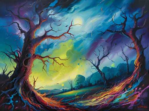 A surreal, dreamlike painting of a fantastical forest at twilight. The central focus is on two gnarled, twisting trees with exposed roots that seem to be intertwined. The trees are painted in deep, rich colors – warm oranges and reds on the left tree contrasting with cool blues and purples on the right. The background is a swirling vortex of vibrant colors, including deep blues, teals, and hints of purple and pink in the sky. A pale yellow moon or sun is partially visible behind the trees, casting a soft glow on the landscape. The overall style is expressive and painterly, with visible brushstrokes that contribute to the dreamlike quality. The scene evokes a sense of mystery and otherworldly beauty, inviting viewers into a fantastical realm.