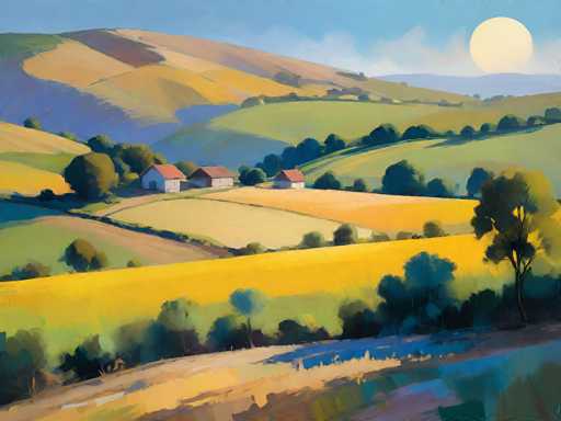 This painting depicts a serene countryside landscape, characterized by rolling hills and expansive farmland. The foreground features a vibrant yellow field, bordered by a line of lush green trees. To the right, a solitary tree stands prominently. The middle ground reveals a cluster of four white houses with distinctive red roofs, nestled among more green trees. The background showcases a series of hills, transitioning from green to yellow, with the sky above painted in a clear blue. A large, bright white sun is positioned in the top right corner, casting a gentle light over the entire scene. The overall composition is rich in color, with hues of blue, green, yellow, and brown dominating the painting. The style suggests it could be a watercolor or oil painting, capturing the tranquil beauty of rural life.