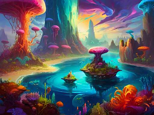 This vibrant, computer-generated image depicts a fantastical, otherworldly scene. Dominating the center is a large, blue body of water, featuring two small islands. The island on the right is adorned with a pink mushroom-like structure, while the island on the left boasts a green one. Surrounding the water are numerous large, colorful mushrooms, with hues of pink, blue, and orange, some of which appear to be growing directly from the water. The sky above is a mesmerizing blend of purple, blue, and yellow, with swirling clouds adding to the surreal atmosphere. In the background, a towering mountain or tree-like structure stands tall, with additional rocky formations and more mushrooms scattered throughout. The entire scene is bathed in a rainbow of colors, creating a dreamlike, almost psychedelic visual experience.