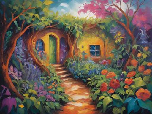 This vibrant and whimsical painting depicts a charming cottage nestled in a lush, fantastical forest. The scene is dominated by a yellowish-orange house with a green door, accessible via a set of brown steps leading to a brown pathway. The house features two windows, one on each side of the door, and is adorned with a small window at the top. Surrounding the cottage is an abundance of colorful flora, including orange, red, purple, and blue flowers, as well as various green plants and bushes. The forest is dense with trees, some of which have brown trunks and green leaves, while others display pink foliage. The sky above is a clear blue with scattered white clouds, adding to the serene and enchanting atmosphere of the painting.