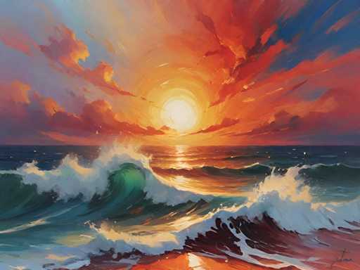 This painting depicts a dramatic sunset over a turbulent ocean. The sky is a vibrant mix of colors, with the sun positioned centrally, casting a bright yellow glow that transitions into orange and red hues. These warm tones reflect off the water, creating a shimmering pathway leading to the horizon. The ocean itself is a dynamic blend of dark blue, green, and white, with waves crashing energetically, their crests highlighted by the fading sunlight. The sky is dotted with clouds, some tinged with the sun's warm colors while others remain a deep blue. The overall scene captures the raw beauty and power of nature, with the interplay of light and water bringing the painting to life.