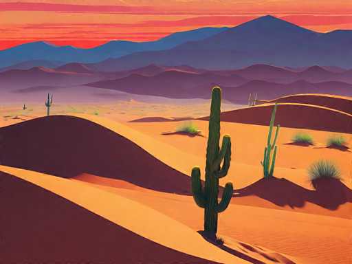 This image is a detailed, computer-generated illustration of a desert landscape at sunset. The foreground features a prominent cactus with five arms, casting a shadow to the right. Surrounding the cactus are several smaller green cacti and patches of grass, adding texture to the sandy terrain. The desert is depicted with undulating sand dunes in shades of orange, yellow, and brown, creating a sense of depth and movement. In the background, a series of mountains are illustrated in progressively darker hues, starting with light purple and transitioning to dark blue, almost black. The sky above is a striking blend of orange and red, with horizontal clouds adding to the dramatic sunset effect. The entire scene is devoid of any text, focusing solely on the natural beauty of the desert at dusk.
