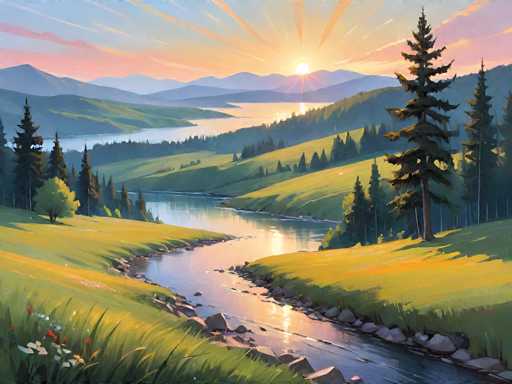 This detailed painting captures a serene natural landscape at either sunrise or sunset. The sky is a mesmerizing blend of pink, orange, and blue hues, with the sun positioned centrally, casting radiant beams that illuminate the scene. In the background, a series of mountains and hills create a layered effect, with the closest hills adorned with lush green grass and tall pine trees. A winding river meanders through the middle of the composition, reflecting the vibrant colors of the sky and the surrounding greenery. The foreground features a grassy area with a few white and red flowers, adding a touch of color to the tranquil setting. The overall atmosphere is peaceful and picturesque, with the interplay of light and shadow enhancing the natural beauty of the landscape.