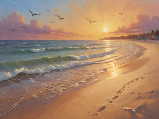 This painting captures a serene beach scene at sunset, with the sun positioned just above the horizon, casting a warm glow across the sky. The sky is a blend of blue and orange hues, with clouds tinged in pink and orange, adding to the tranquil atmosphere. The ocean, situated on the left side of the painting, features gentle waves rolling towards the shore, their white crests contrasting with the blue water. Seagulls are seen flying above the waves, adding a touch of life to the scene. The sandy beach on the right side of the painting is depicted in a light brown color, with footprints leading towards the water, suggesting recent activity. In the background, there are hints of trees and possibly some buildings, adding depth to the landscape. The overall composition is peaceful and detailed, capturing the essence of a beautiful sunset at the beach.