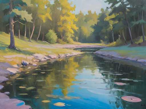 This image is a detailed painting of a serene river scene, likely created with oil paints. The river, which runs through the center of the image, is a vibrant blue, reflecting the surrounding trees and sky. The water is dotted with lily pads, adding to the tranquil atmosphere. On either side of the river, there are grassy banks with a mix of green and yellow hues, indicating a natural, untouched landscape. The riverbanks are lined with rocks, enhancing the realistic portrayal of the scene. Tall trees, some with yellow leaves and others with green, frame the background, creating a dense forest that stretches towards the horizon. The sky above is a clear blue, completing the picturesque setting. The painting is signed in the bottom right corner, though the signature is not legible. Overall, the scene captures the beauty of nature with its harmonious blend of colors and detailed elements.