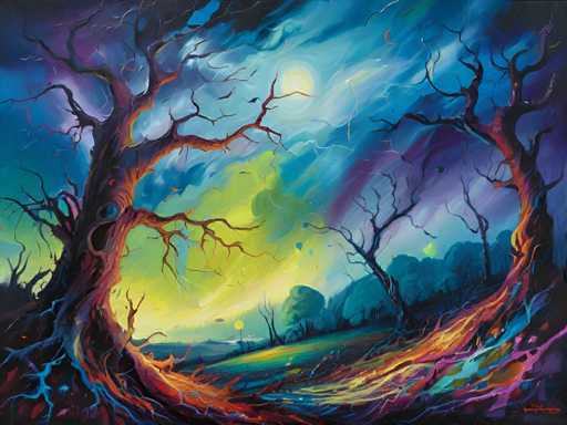 The image depicts two trees with twisted trunks and branches against a dark blue sky filled with clouds. The painting is done in an impressionist style, characterized by loose brushstrokes that capture the essence of light and color rather than precise details.