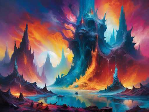 The image depicts a fantastical, otherworldly landscape that appears to be a blend of digital art and traditional painting. Dominated by vibrant hues of blue, orange, red, pink, and purple, the scene features a large body of water at the bottom, reflecting the surrounding environment. The water is flanked by jagged, mountainous terrain that rises sharply, creating a dramatic and imposing atmosphere. 

In the center of the image, a prominent, castle-like structure with spiky towers and a dark, almost black appearance stands out. This structure is surrounded by additional spiky formations, some of which are tinged with blue and purple. The sky above is a swirling mix of colors, with clouds that transition from dark blue to orange, red, and pink, adding to the surreal quality of the scene.

A small boat can be seen on the water, and there are hints of a road or path leading towards the central structure. The overall composition is both chaotic and mesmerizing, with no text present to distract from the vivid and dynamic visual elements.