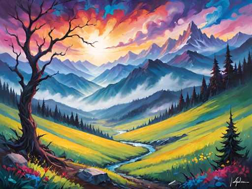 This vibrant, abstract painting depicts a serene natural landscape. In the foreground, a small tree with a brown trunk and bare branches stands on the left side, surrounded by colorful flowers in shades of pink, blue, and yellow. The ground is a mix of green grass and yellowish hues, with a winding blue river flowing through the center of the scene. On the right side, a cluster of tall pine trees rises from the grassy area. The background features a series of blue mountains, some with snow-capped peaks, and a sky filled with dynamic clouds in hues of pink, orange, yellow, and purple. The sun, partially obscured by clouds, casts a warm glow over the entire landscape, enhancing the painting's vivid and lively atmosphere.