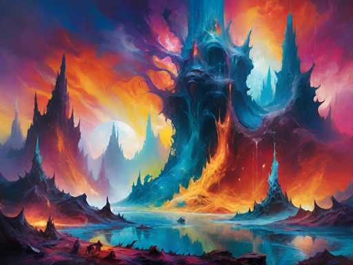 The image depicts an abstract painting with a vibrant color palette and surrealistic style. The scene features a large blue castle-like structure surrounded by smaller structures of varying sizes, creating a sense of depth and dimension. The sky above is painted in shades of orange and pink, adding to the overall surreal atmosphere. The painting is signed "A" on the bottom right corner.